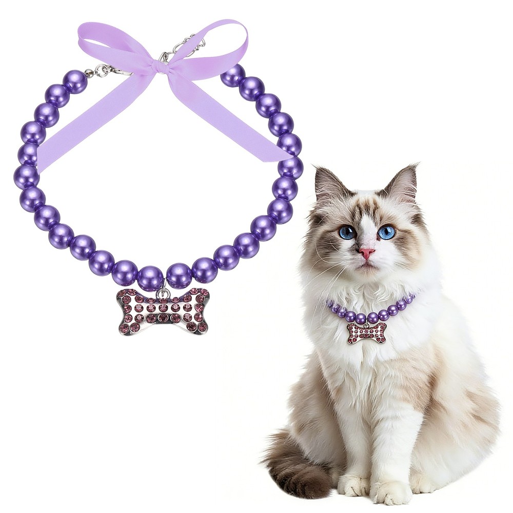 Cat Dog Pearl Collar, Small Bow Shape(M, Purple)
