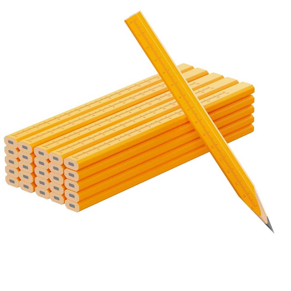 25 Pack Carpenter Pencils with Ruler - Flat Yellow Octagonal Woodworking Penc...