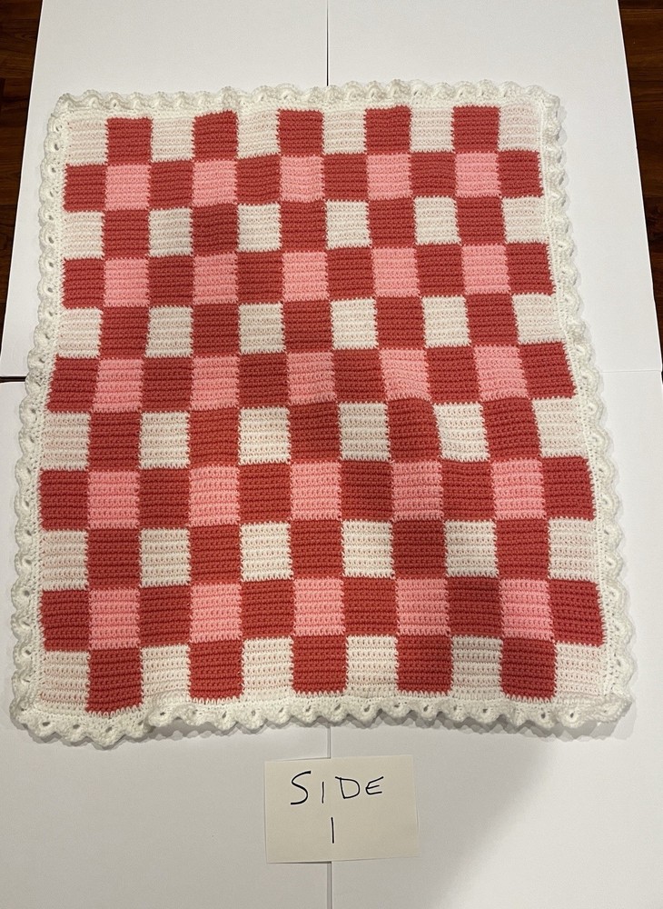 Hand Crocheted Pink Gingham Baby Blanket ￼
