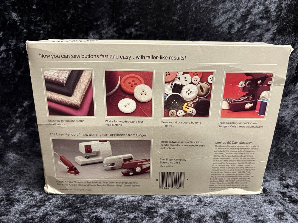 Vintage Model B100A Singer Button Magic Hand Held Button Sewer Original Box