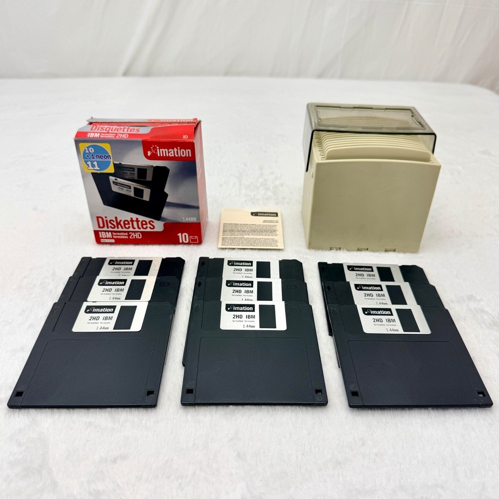 9 Imation 3.5" Diskettes 1.44MB 2HD IBM Formatted with Telescoping Plastic Case