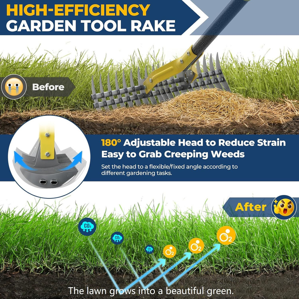 70" Heavy Duty Metal Dethatcher Rake with 15" Double-Edged Sharp Tines
