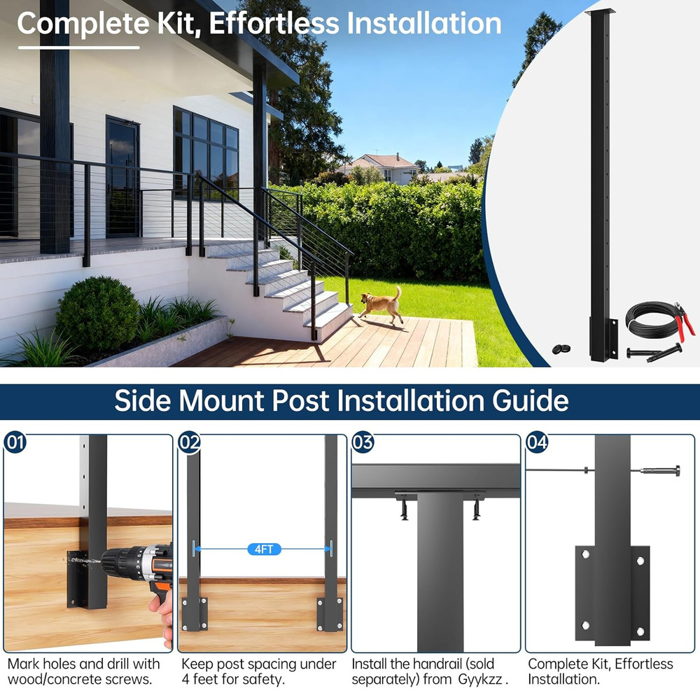 2 Pack Black Stainless Steel Cable Railing Posts for 42" Decks, Space-Saving