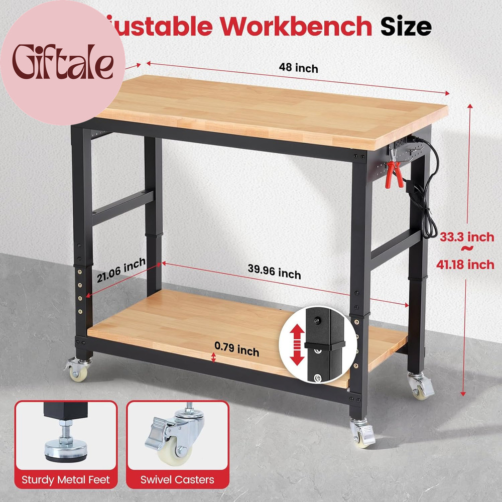 Workbench with Wheels 48 Inch Adjustable Height Work Table with under Table Shel