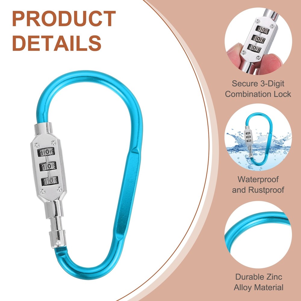 2 Pcs 4.8" x 2.4" D-Shaped 3-Digit Code Combination Lock D-Ring Clip, Light Blue