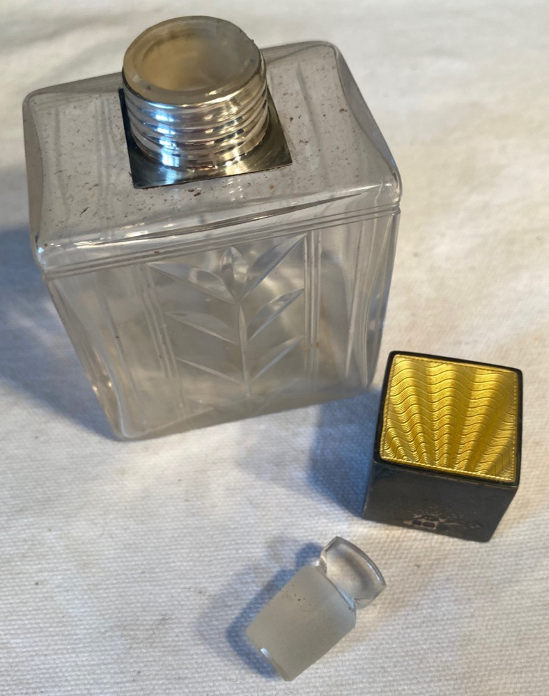 Sterling & Enamel Top Perfume Bottle w Etching & Dauber Insert