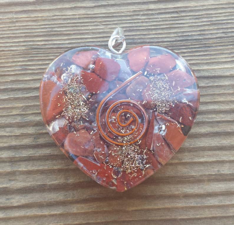 ORGONE RED JASPER GEMSTONE HEART SHAPED PENDANT ORGONITE (ONE)