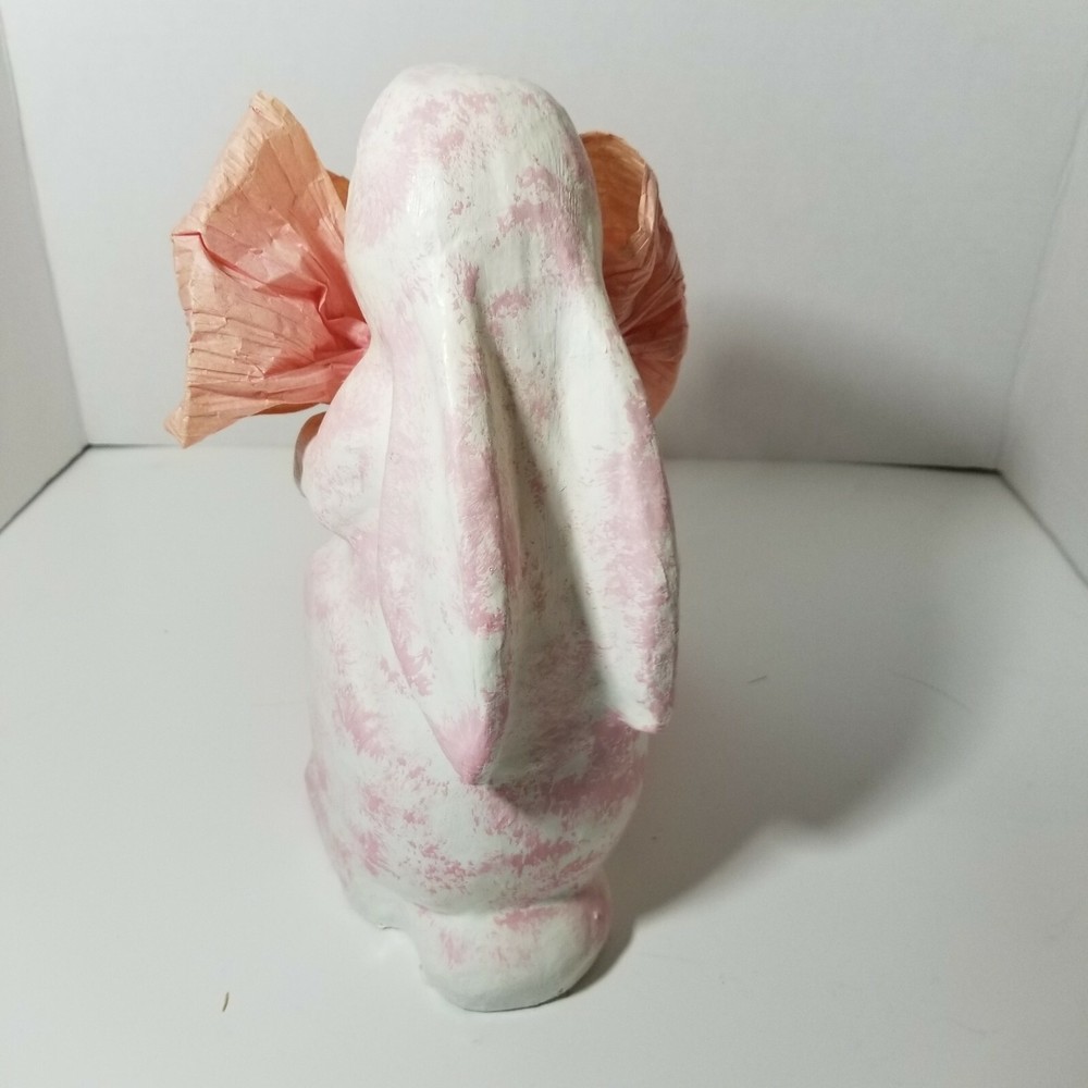 Pink White Paper Mache Bunny With Big Raffia Bow Easter Spring