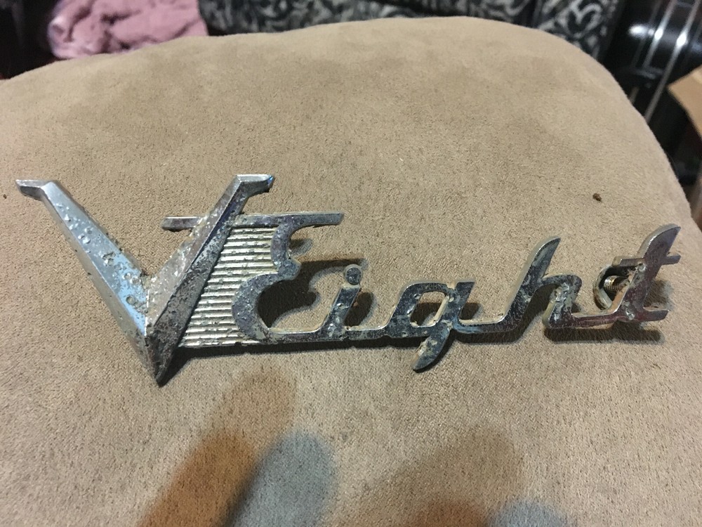 1953 1954 Dodge V Eight Trunk Badge pair one solid one pieces complete