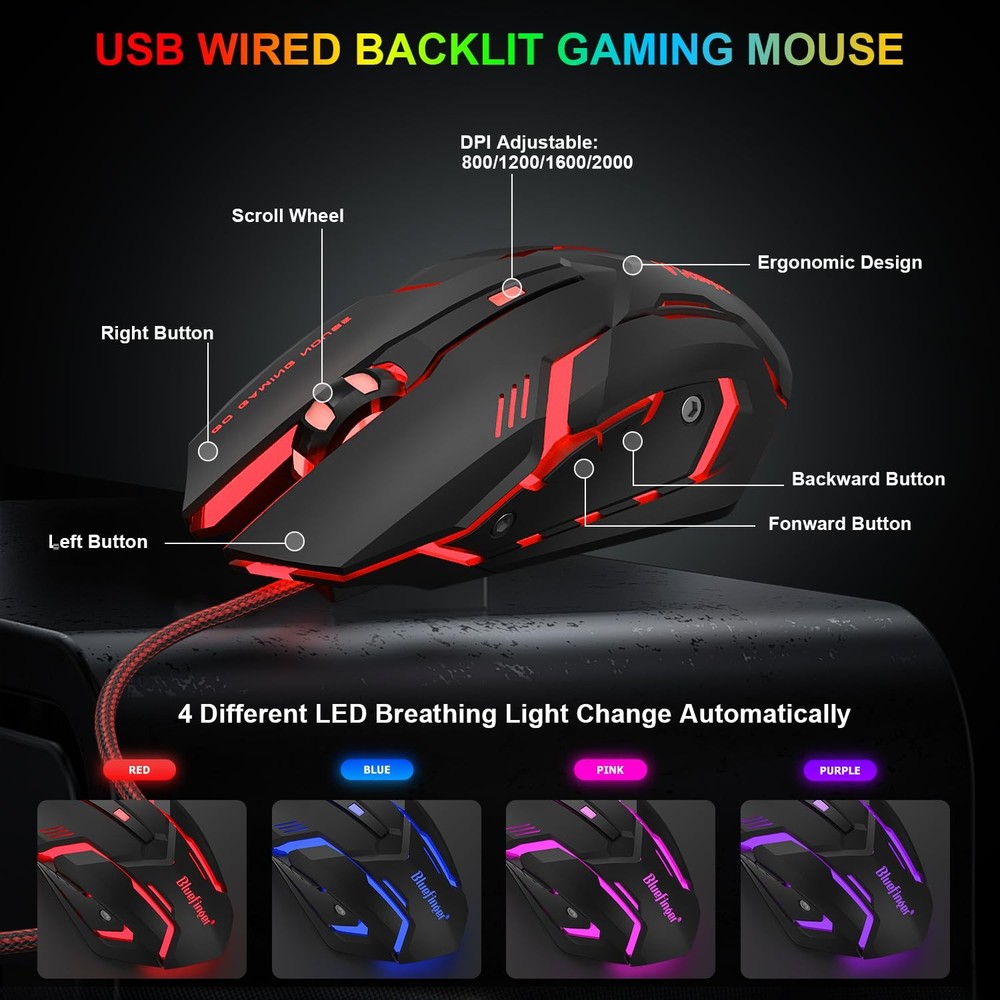 RGB Gaming Keyboard And Backlit Mouse Combo USB Wired LED Set Black White
