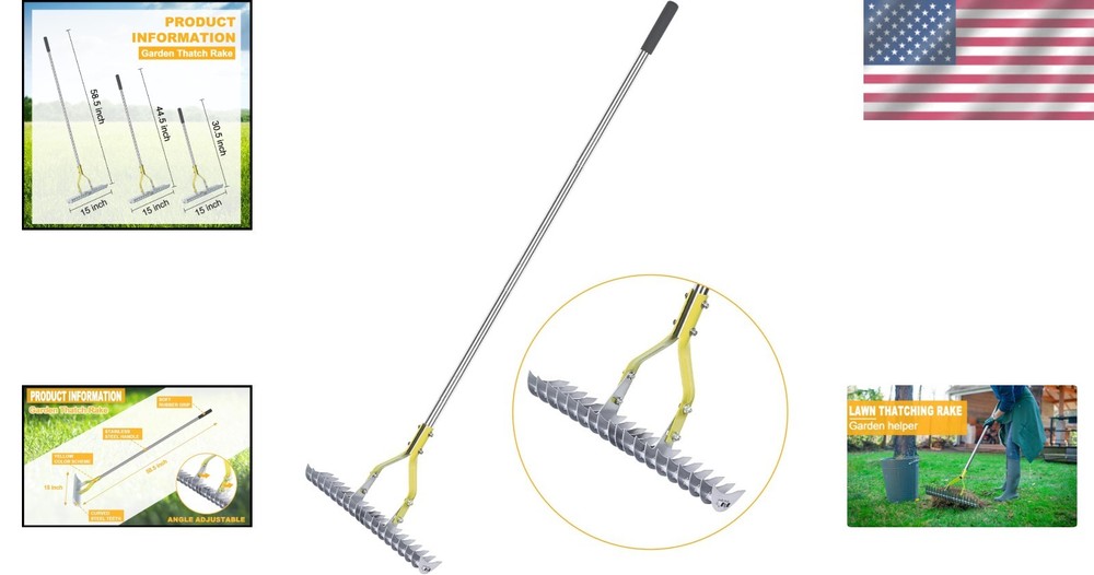 Adjustable Angle 15-Inch Thatching Rake with Lightweight Stainless Steel Design