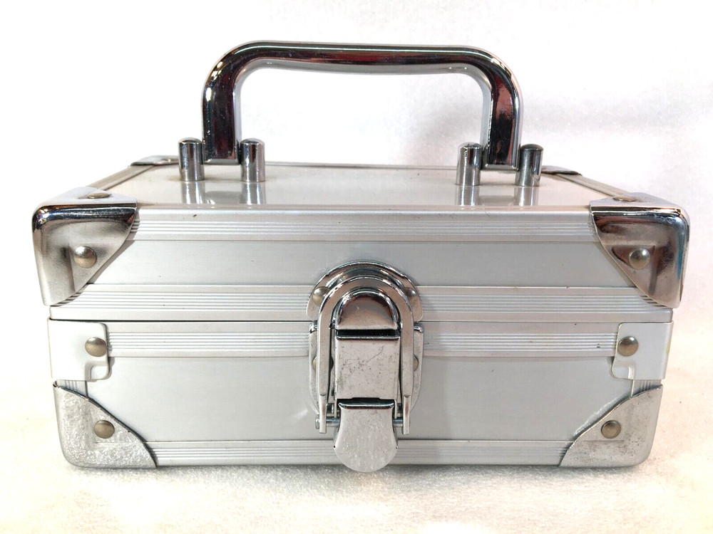 Hinged FAR NINE Travel Make-Up Case w/Handle Silver & Gray Mirror