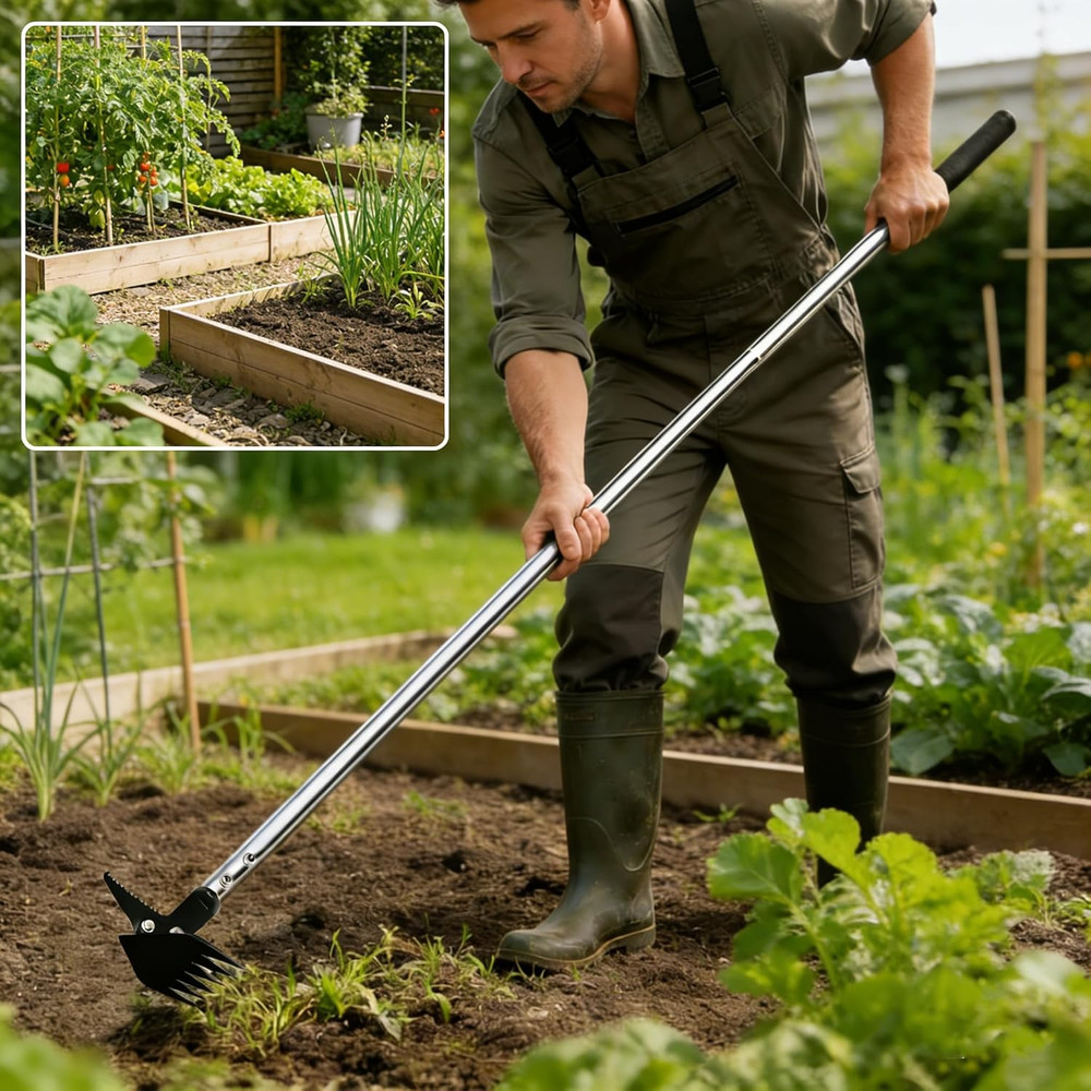 Weed Puller 61" Adjustable Long Handle, 2-In-1 Weed Rake & Crack Weeder with Det