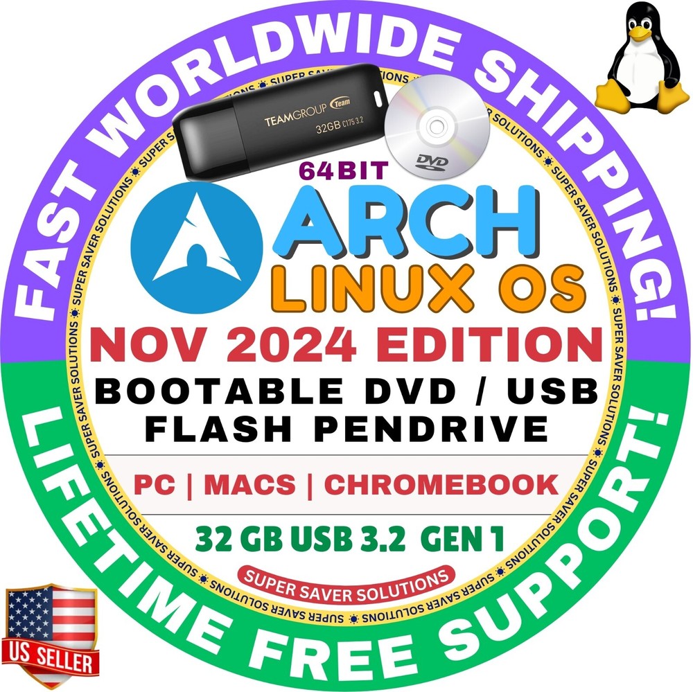 ARCH LINUX OS / BOOTABLE DVD, USB / LIVE, FULL INSTALL / MACS, PCS, FAST SHIP