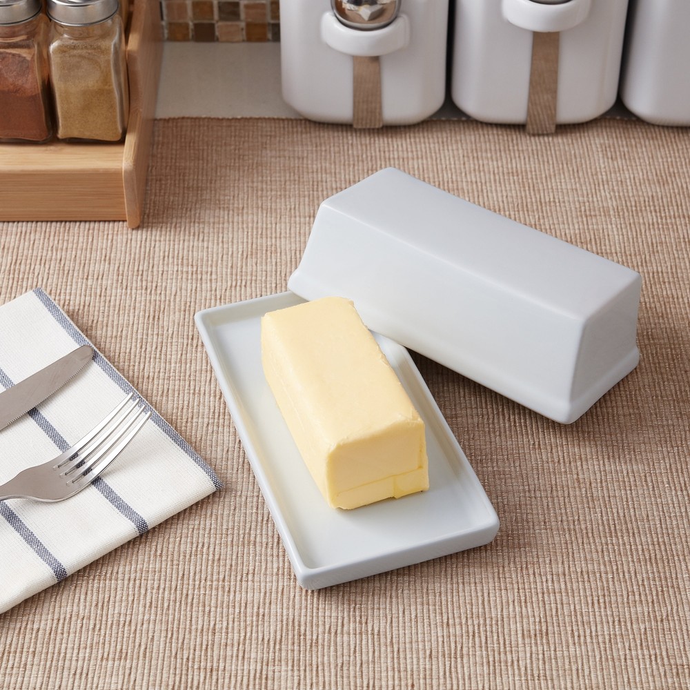 Glazed Stoneware Butter Dish, White
