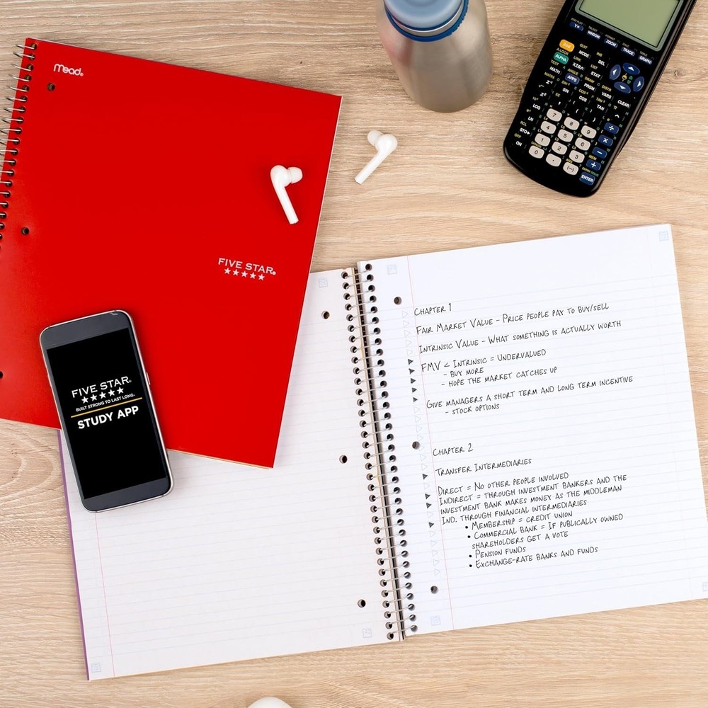 Five Star 5 Subject Spiral Notebook with Study App - 200 College Ruled Sheets