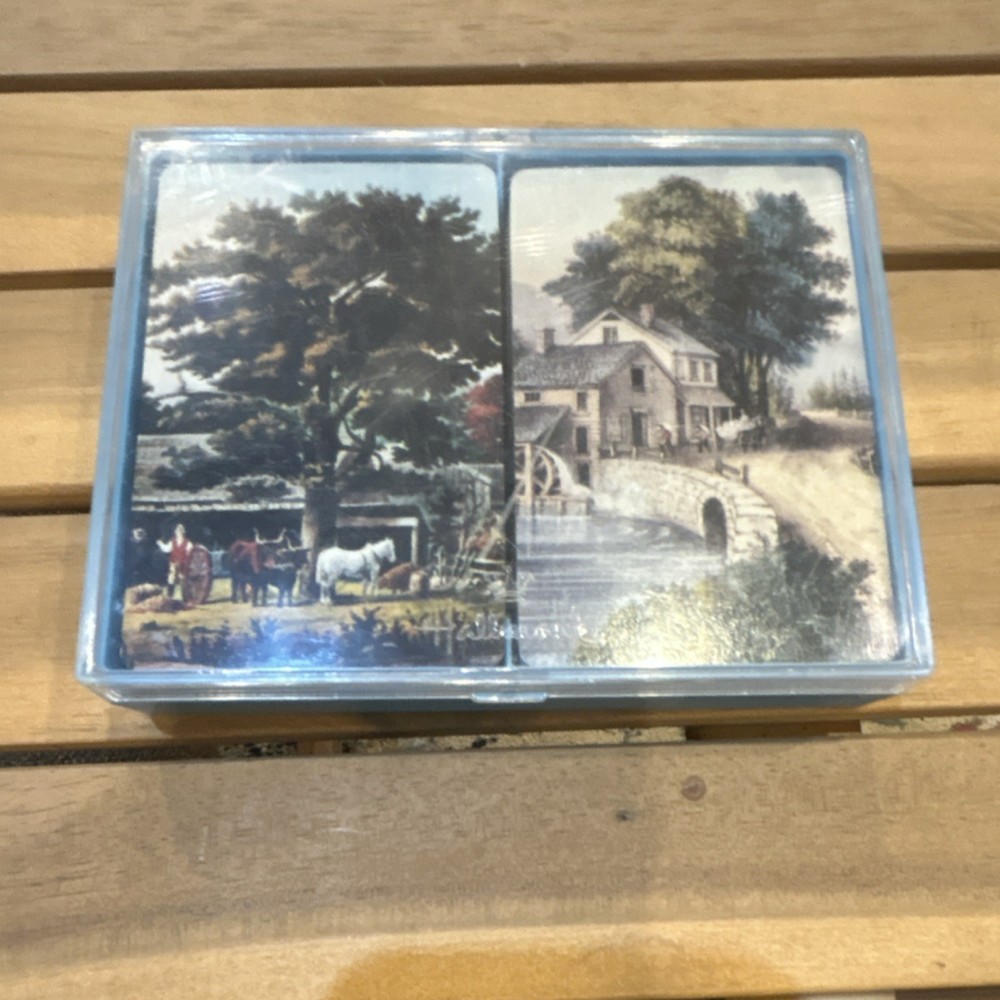 Hallmark Bridge Playing Cards Currier & Ives Classics Plastic Coated Blue Case