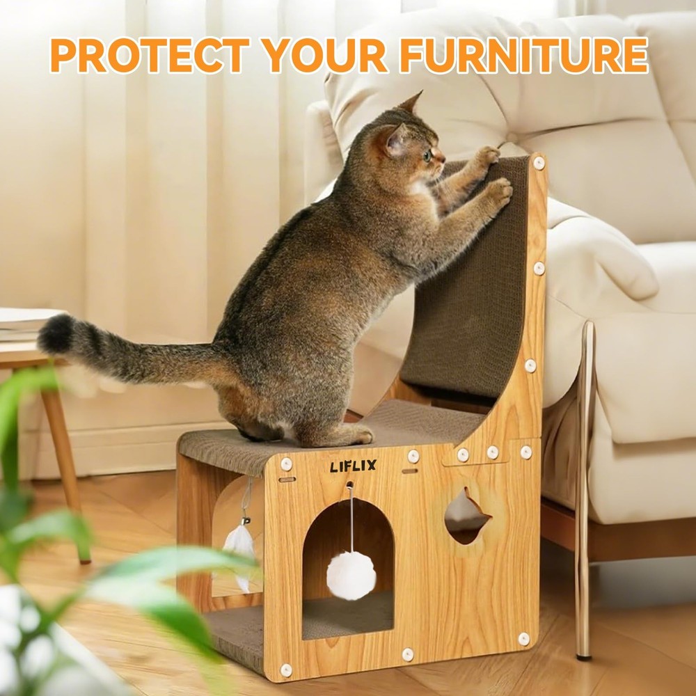 L-Shaped Double-Layer Cat Scratching Board Cardboard Post with Toys Hideaway