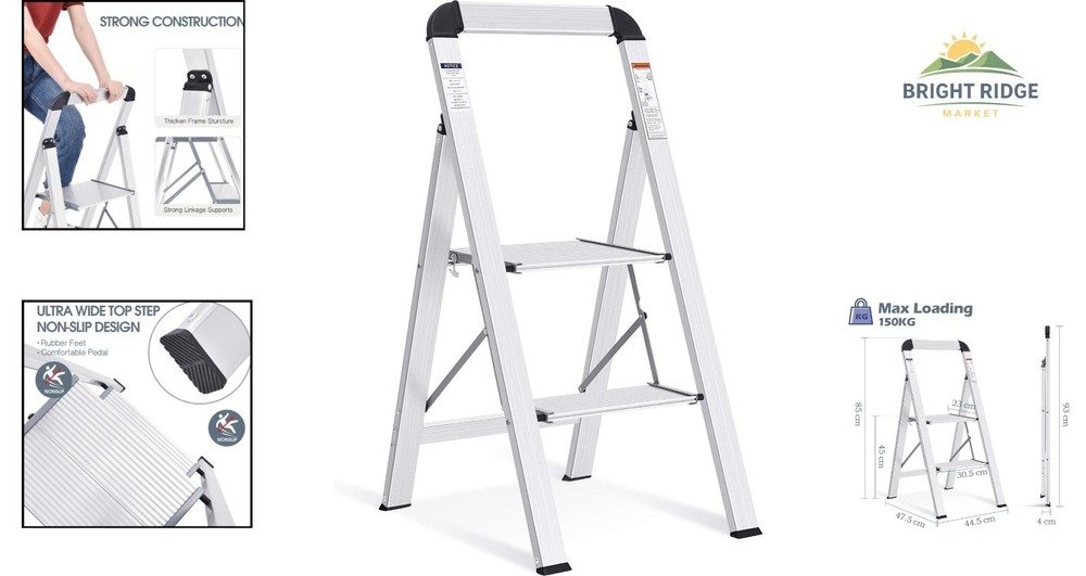 Portable Silver Step Ladder, 2-Step Design with Handrail for Easy Storage