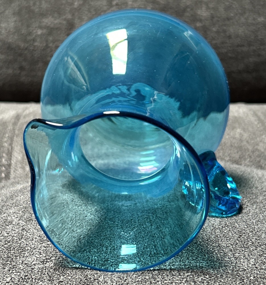 Vintage Hand Blown Blue Optic Art Glass Pitcher 5.75” Applied Handle