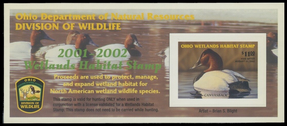 2001  Ohio State Duck Stamp Mint Never Hinged. Original Gum