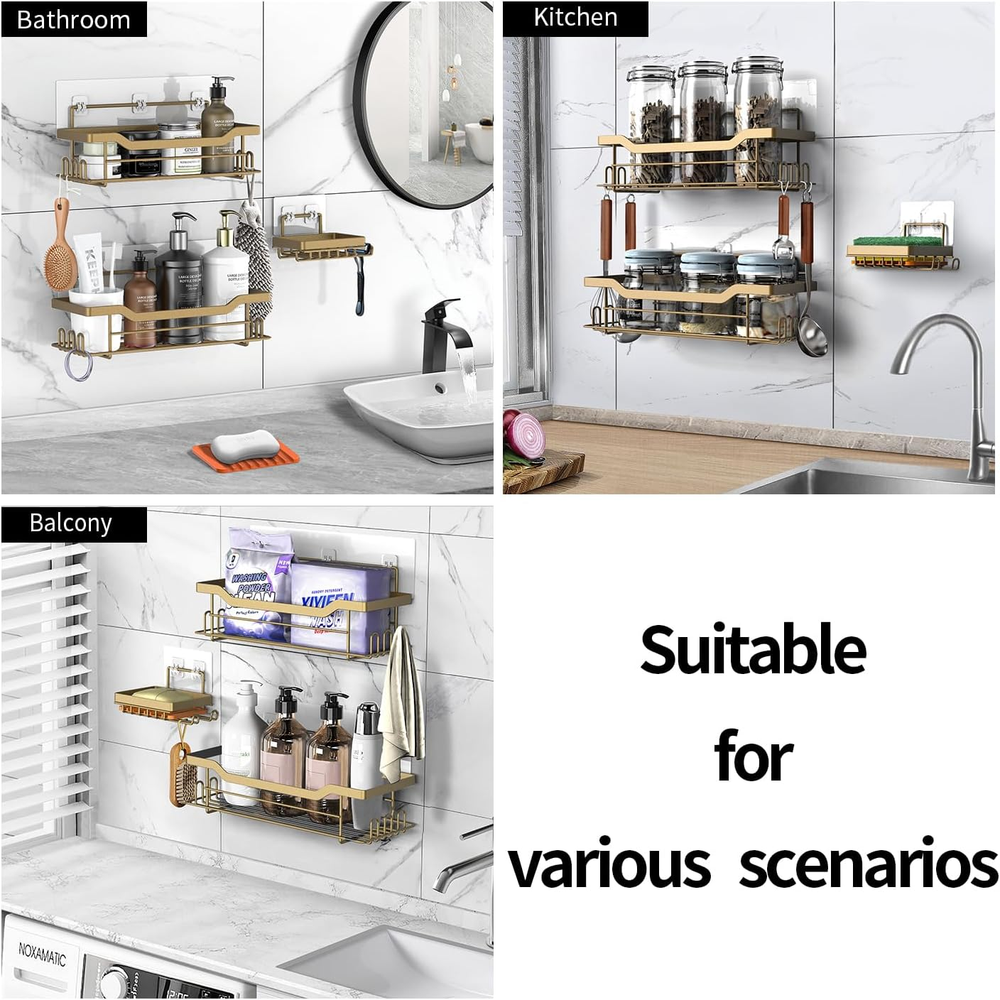 Shower Caddy Shelves Organizer Rack 3 Pack Wall Mounted Self Adhesive Matte Gold
