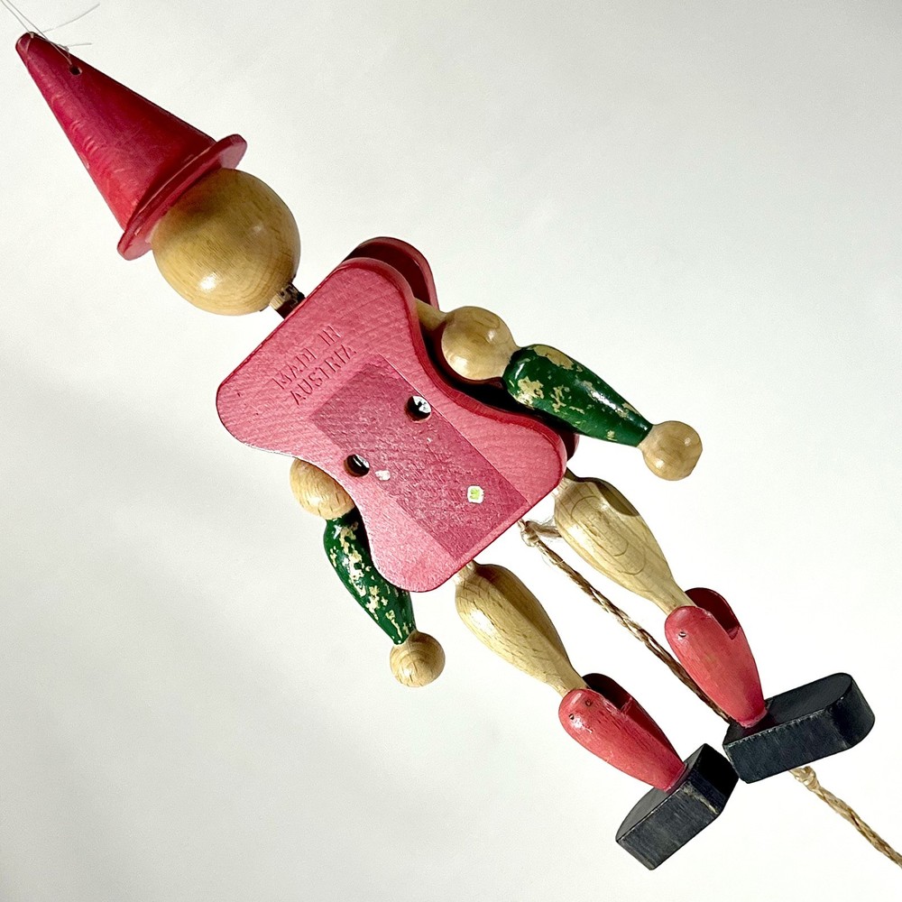 Vintage Austria Wood Jumping Jack Pull String Toy Hand Painted