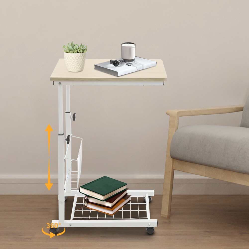 Adjustable Bed Side Table With Wheels, 2 Tier C Shaped Mobile Standalone Table