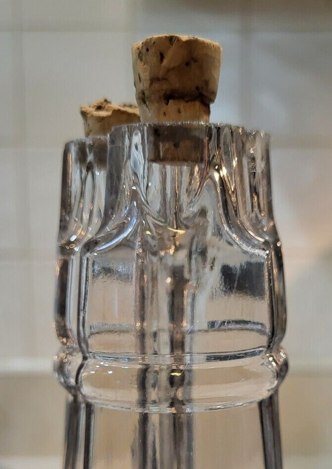 1894 THREE SEGMENTED CORKED BOTTLE SET WITH METAL CARRIER | BUBBLED GLASS