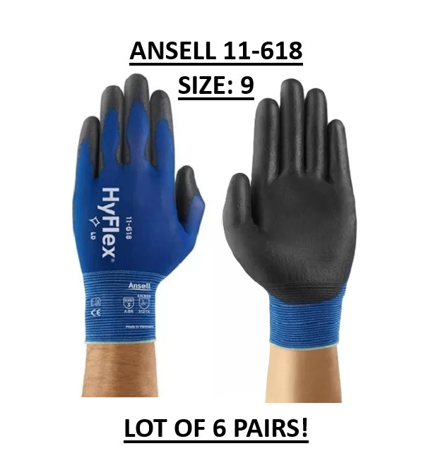 6 Pairs - Ansell HyFlex 11-618 Polyurethane Coated Precision Work Gloves Size-9