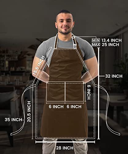 Brown Bib Apron with Pockets Adjustable Unisex Cooking Kitchen Machine Washable