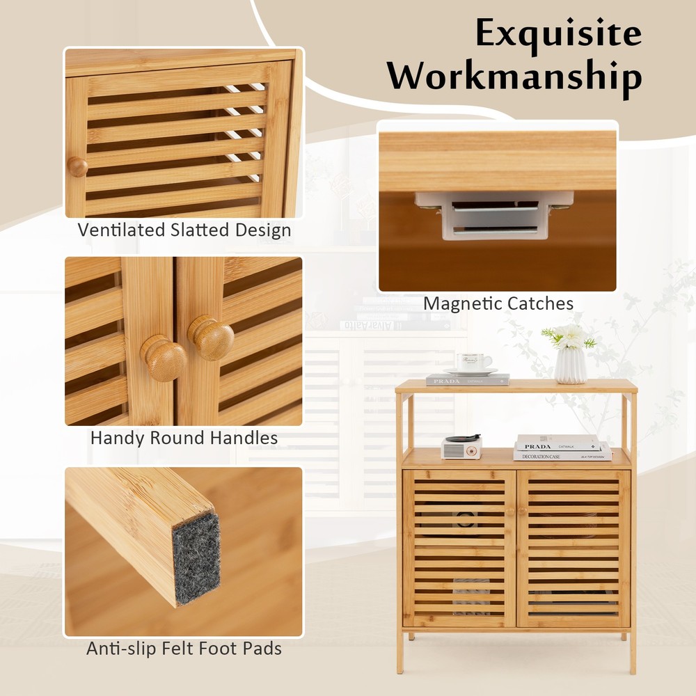 Bamboo Storage Cabinet w/ Double Louvered Doors Open Shelf & Removable Shelf