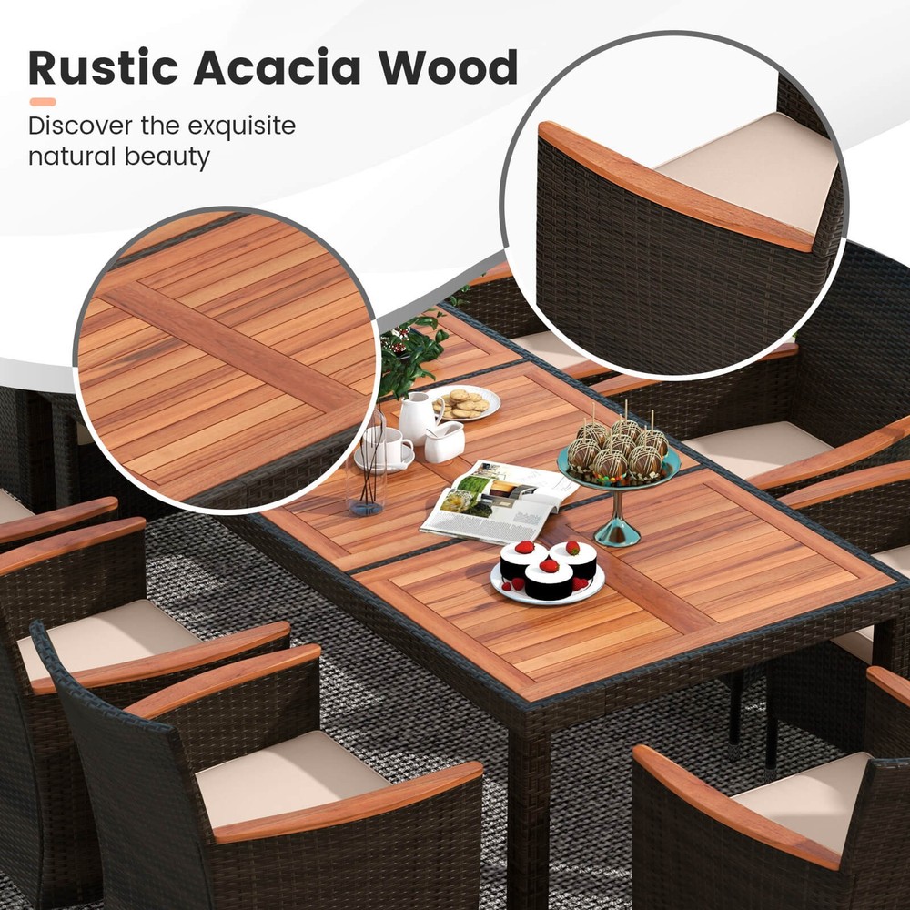 11PCS Patio Wicker Dining Set w/Double-Sided Outdoor Umbrella 8 Stackable Chairs