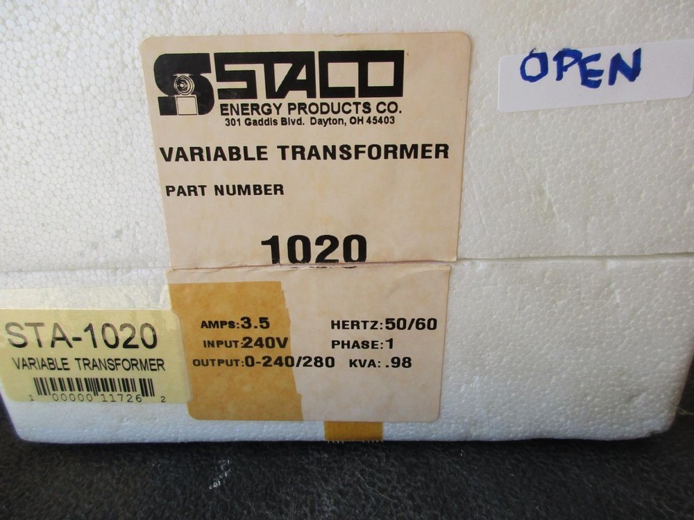 1020 STACO Variable Transformer Single Phase Input 240V Output 3.5 Amp Open Box