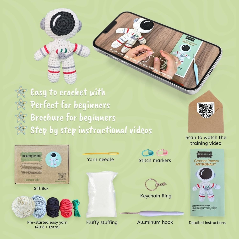 ASTRONAUT CROCHET KIT FOR ADVANCED OR INTERMEDIATE BEGINNER, VIDEO TUTORIAL