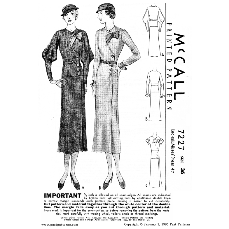 Past Patterns 7227 - 1930s Dress with Front Button Closure Pattern bust 36 b36