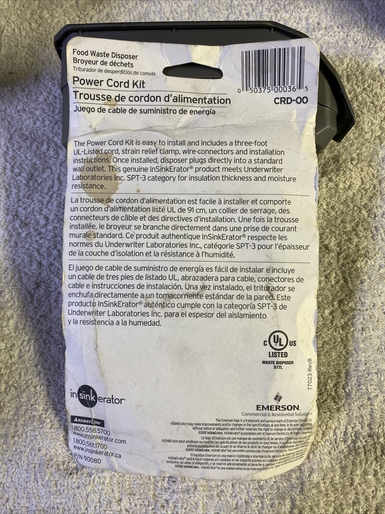 InSinkErator Emerson Garbage Disposal Power Cord Kit CRD-00 Black NEW