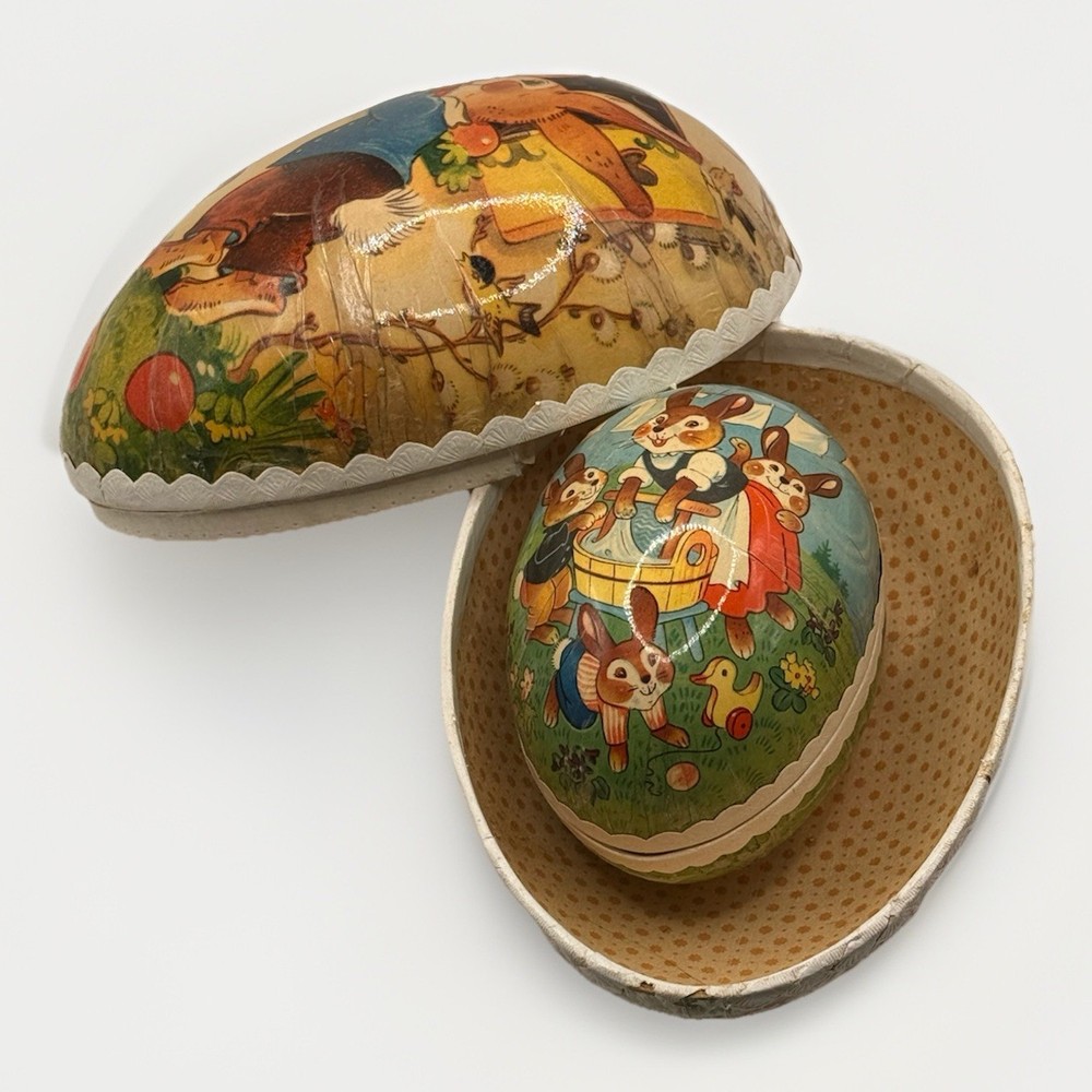 Vintage German Paper Mache Fillable Nesting Easter Eggs 7” & 4.5” Set