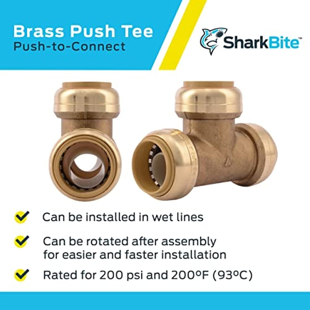SharkBite 1 Inch Tee, Push to Connect Brass Plumbing Fitting, PEX Pipe, Copper,