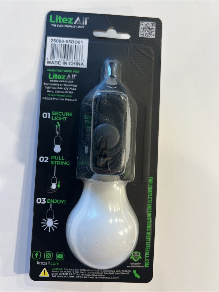 Litez All Pull String Light Bulb 30 Hour Runtime 40" Pull String Battery Operate
