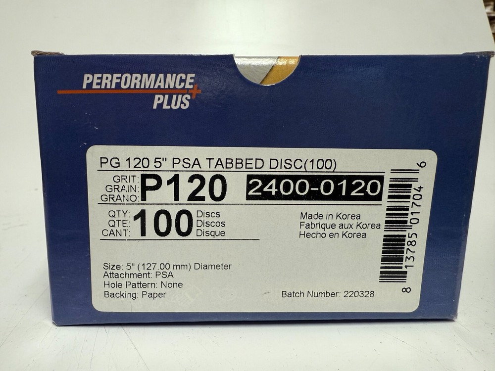 PERFORMANCE PLUS PSA TABBED 5" SANDING DISC, 120 GRIT, 100 DISC PER BOX, NEW