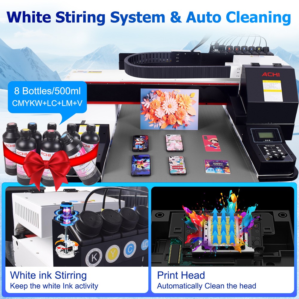 ACHI UV 6090 XP600 Printer DTG Flatbed Printer Vacuum Platform 8 Color US Ship