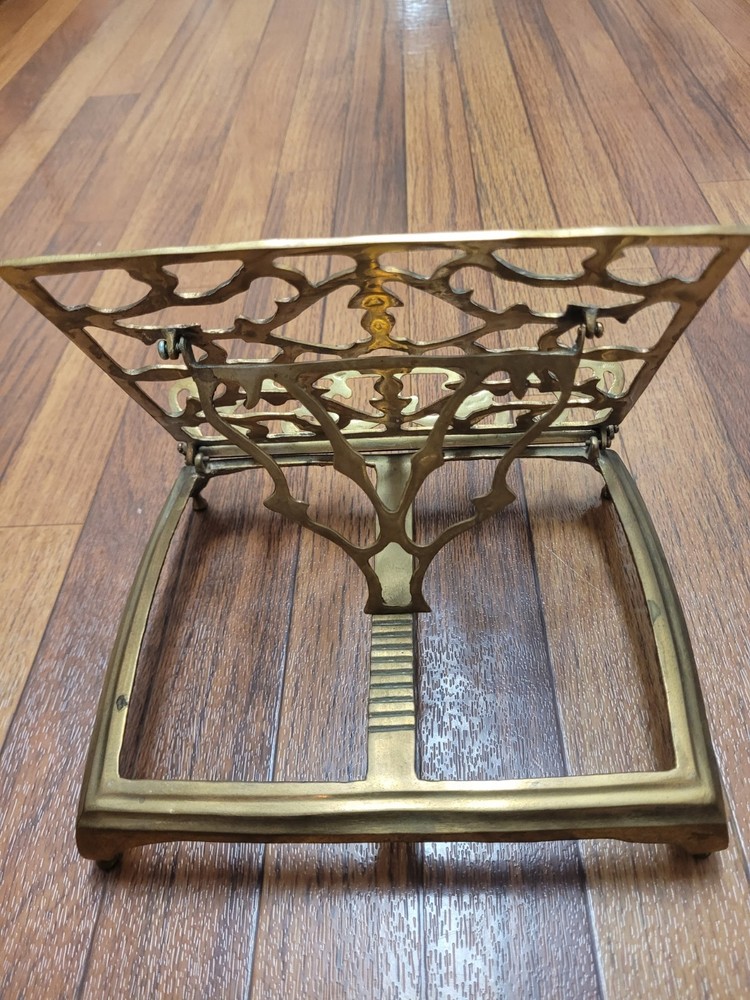 Vintage Ornate Brass Metal Book Stand, Adjustable & Foldable, Rectangular, 9"