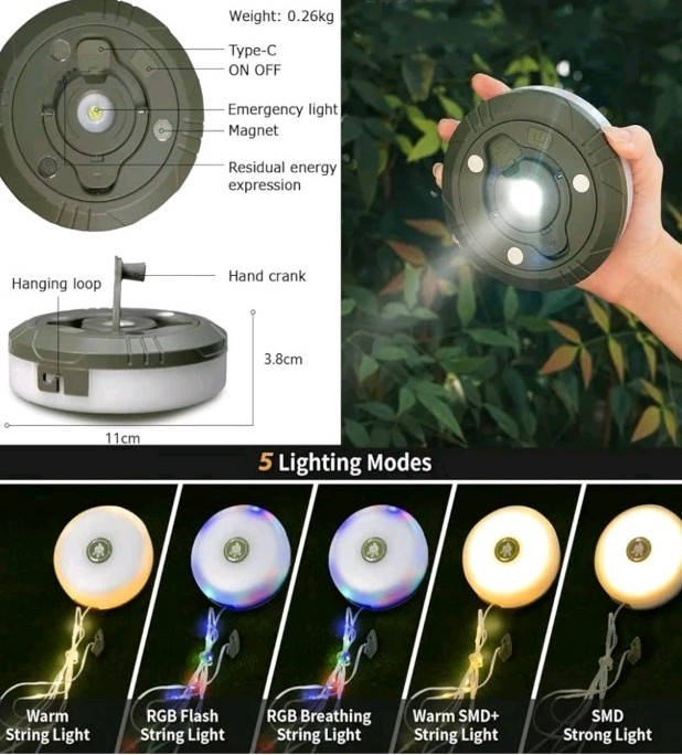 Camping Lamp Multi Function 4N1 Rechargeable Retractable String Lights 5 Modes