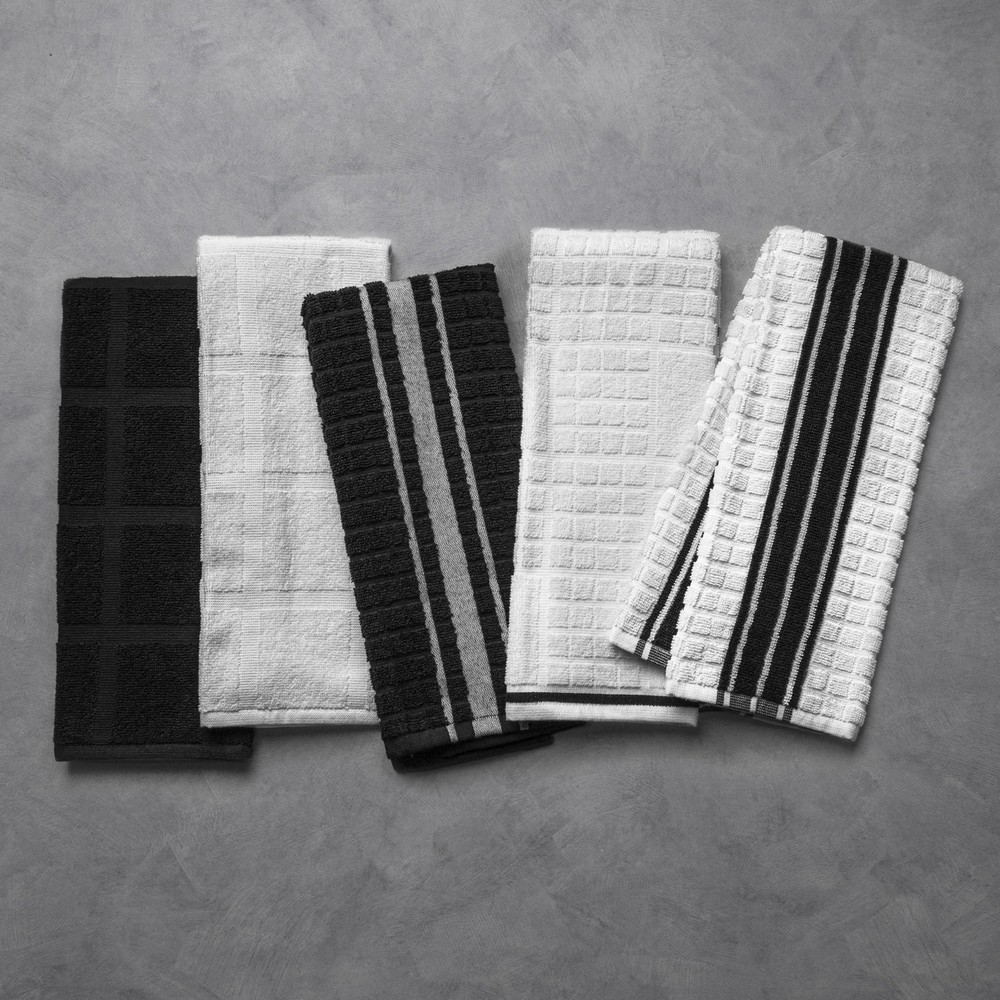 Kitchen Towels, White & Black, 5 Pack Set