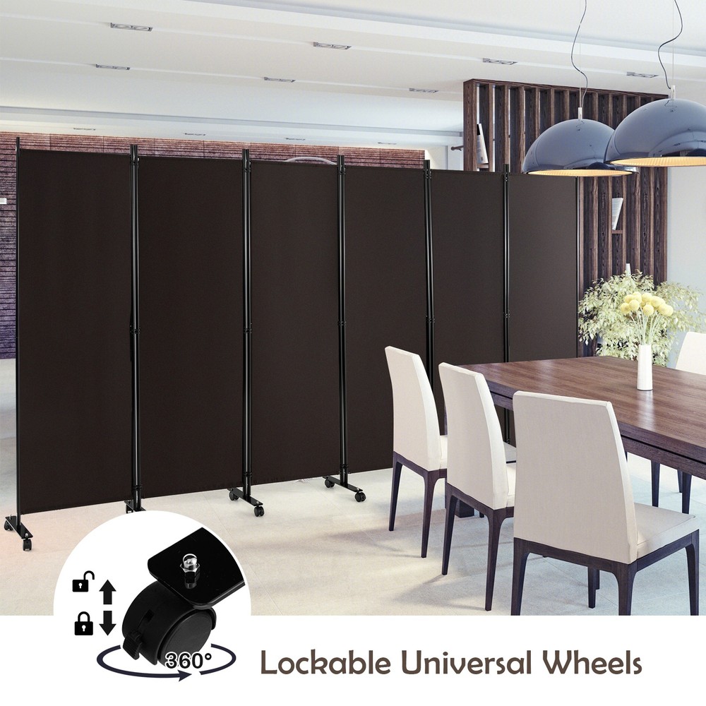 6-Panel Folding Room Divider 6' Rolling Privacy Screen w/ Lockable Wheels Brown