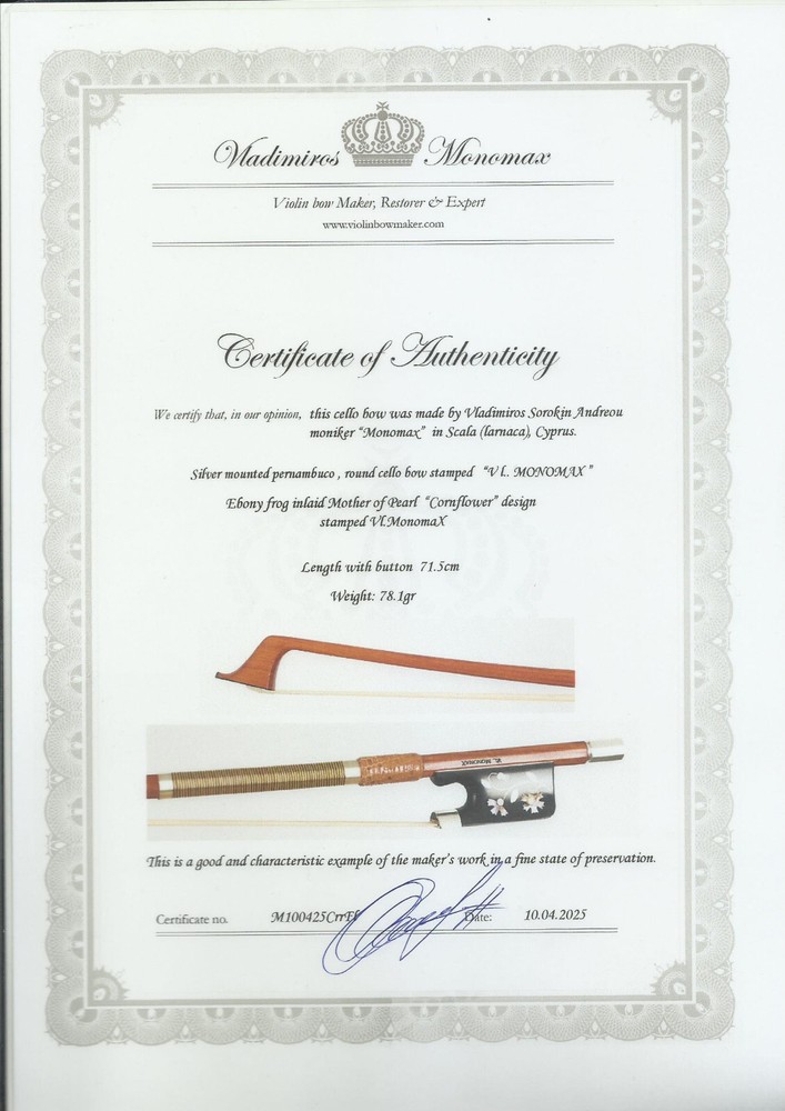 Certificate ONLY for Pernambuco Cello bow, frog with "Cornflower" design