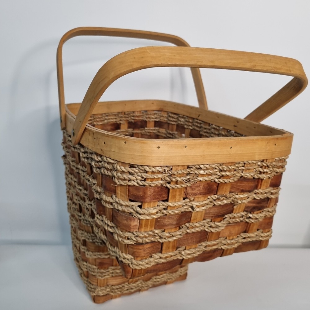 Stair Step Basket Woven Weave Double Handle Wicker Rope Boho Decor Storage