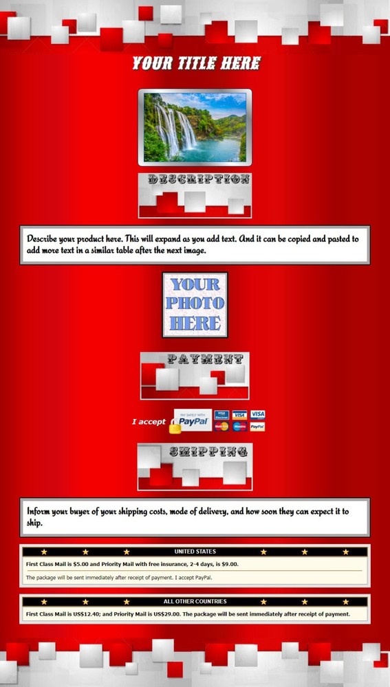 AUCTION TEMPLATE Red & White Squares Header Design - FREE Email Shipping