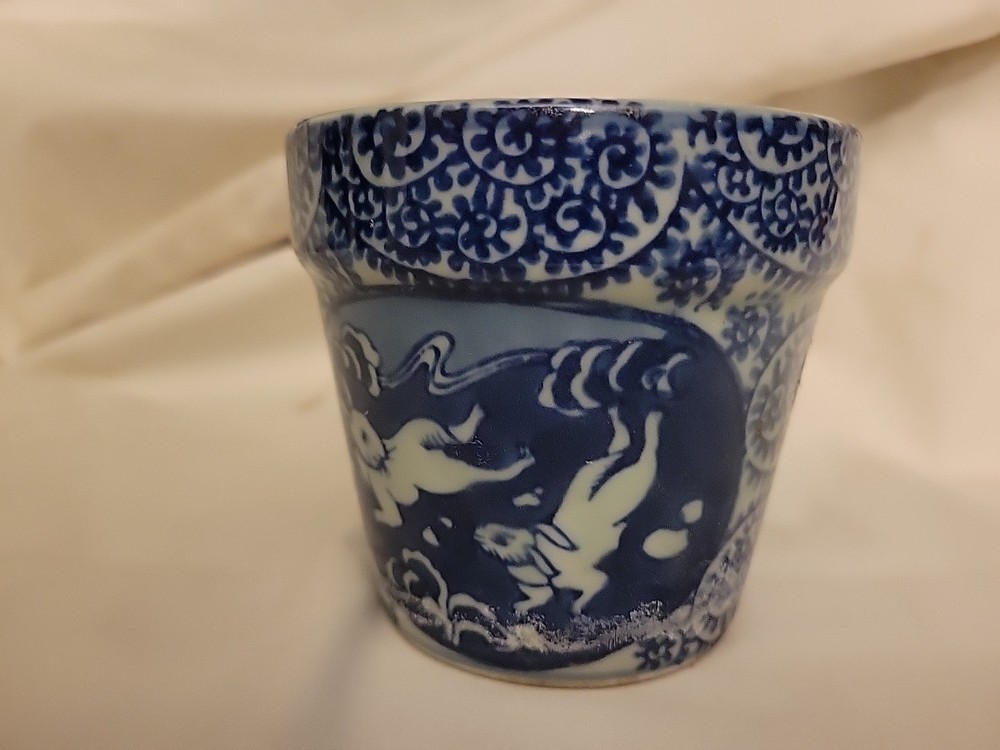 Vtg Cobalt Blue Small Ceramic Flower Planter 2 Rabbits Scroll Design